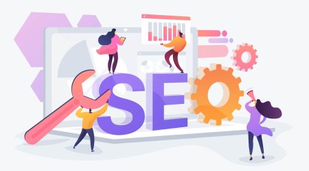 SEO optimization landing page concept Website traffic, web page visibility. Marketers team creating digital advertising characters. Search engines, online marketing, seo tools concept. Website homepage header landing web page template.